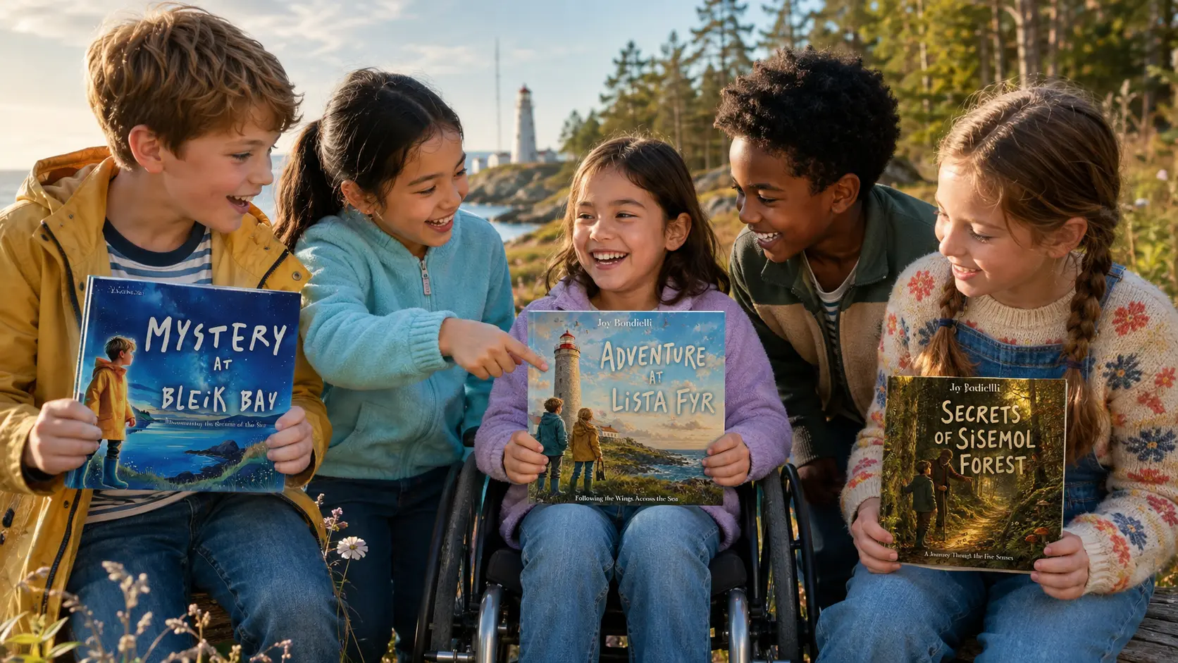 A diverse group of young readers share all three square Joy Bondielli books outdoors